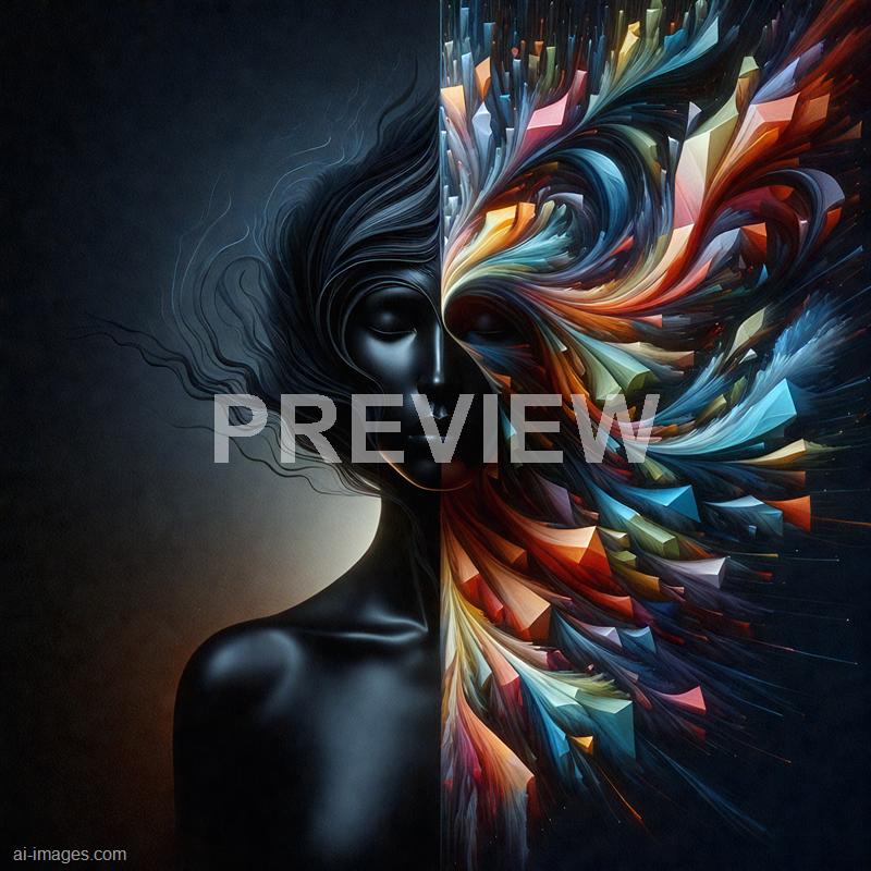 The image features a striking digital artwork of a female figure with her face and shoulders visible. The left side of her face and body are rendered in smooth, dark tones with closed eyes, conveying a calm and mysterious expression. The right side of her face transitions into an explosion of vibrant, swirling colors and geometric shapes that resemble flowing hair, creating a dynamic and surreal visual effect against a dark background.